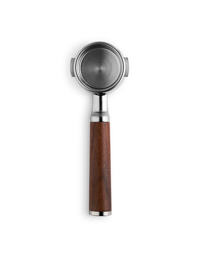 Fellow Espresso 58 mm Bottomless Portafilter in walnut, ideal for rich espresso shots.